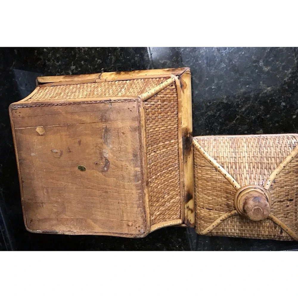 Vintage Wicker Rattan Scorched Bamboo Storage Box With Lid Planter